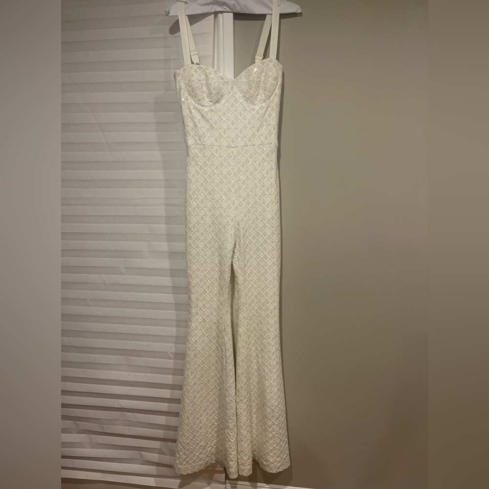 NADINE MERABI Ivory Textured Bustier Wide-Leg Jumpsuit